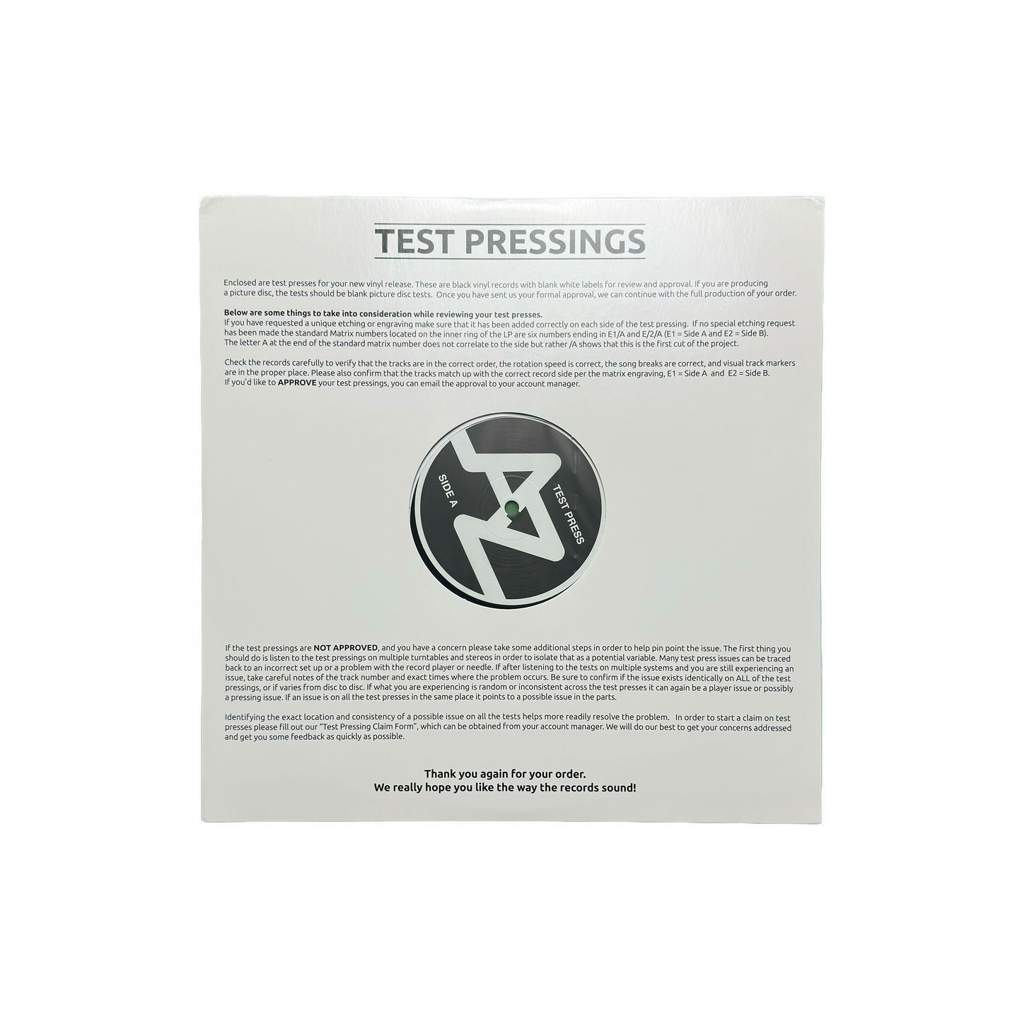 TEST PRESSINGS - RETURN TO ZERO VINYL -SIGNED